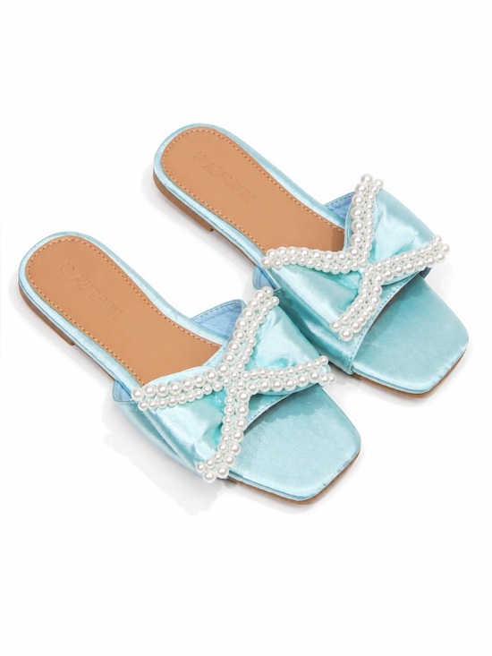 Azarayah Shoes - Luxe Pearl Bow Slide Teal Sandals – Satin Square-Toe Slip-On Flats